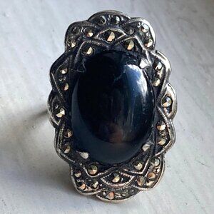 Vintage Sterling Silver Jet Black Stone Marcasite Ring Size 3